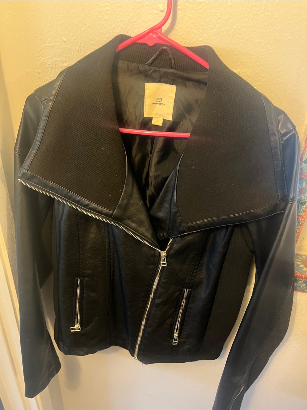 Thread & Supply Black Leather Moto Jacket with Ribbed Collar